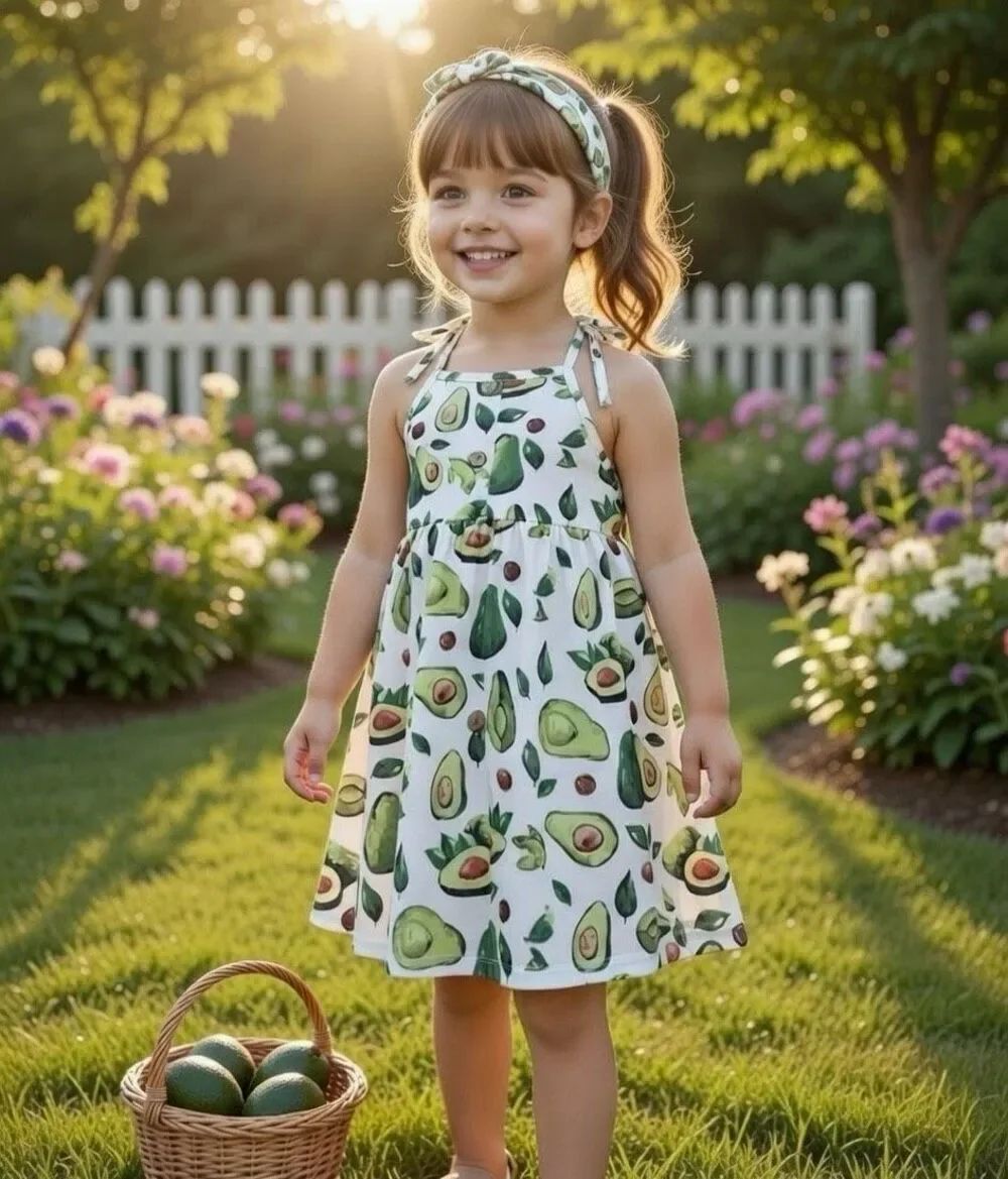 Girl’s White & Green Avocado Sundress Sleeveless Dress Size 4T/ 110 & Headband
